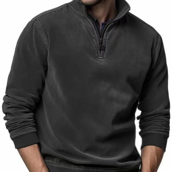 Men's Plain Quarter Zip Sweater with Stand Collar - Black
