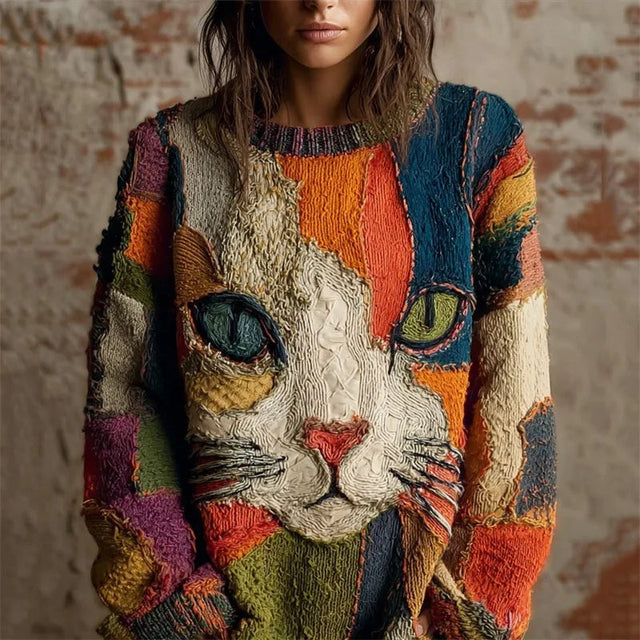 Women's Crewneck Sweater with Multicolor Cat Design - Multicolor
