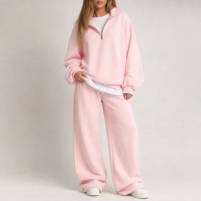 Women's Half Zip Lounge Set with Wide Leg Pants - Pink