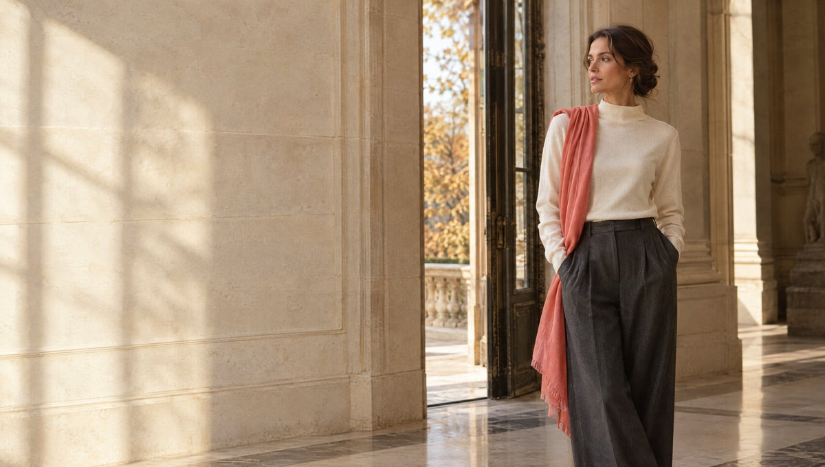 Woman in an ivory top beside a sunlit gallery doorway