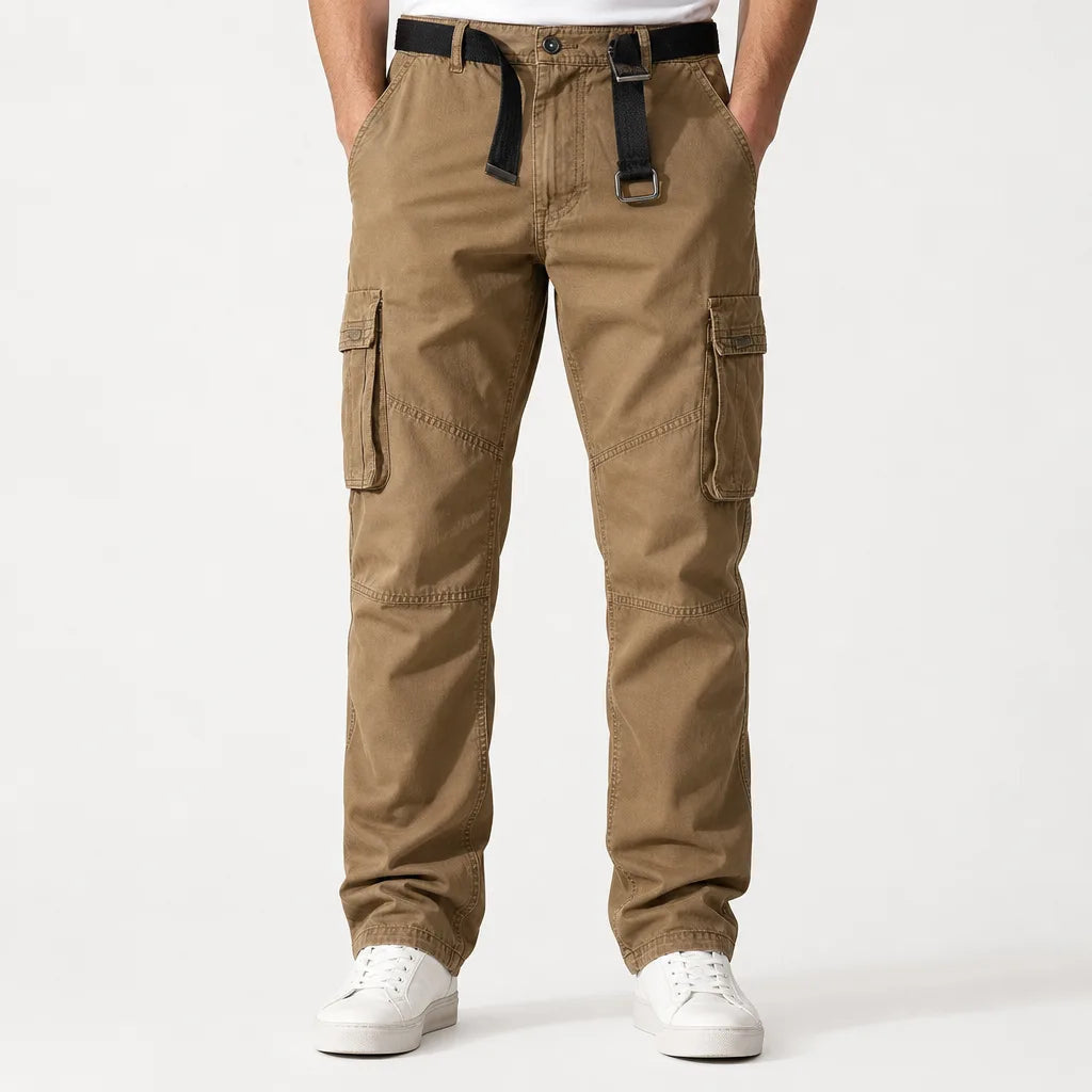 Men's Belted Cargo Pants with Flap Leg Pockets - Beige