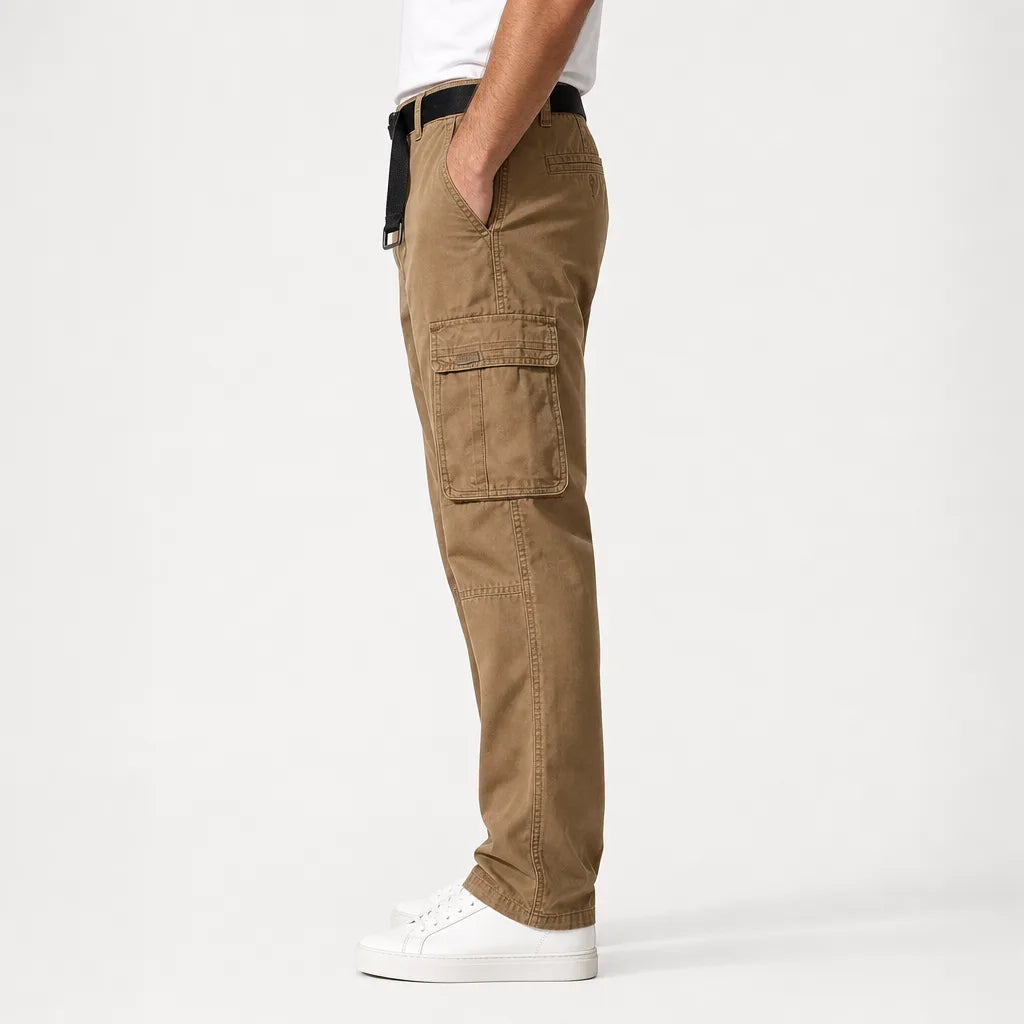 Men's Belted Cargo Pants with Flap Leg Pockets - Beige
