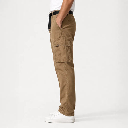 Men's Belted Cargo Pants with Flap Leg Pockets - Beige