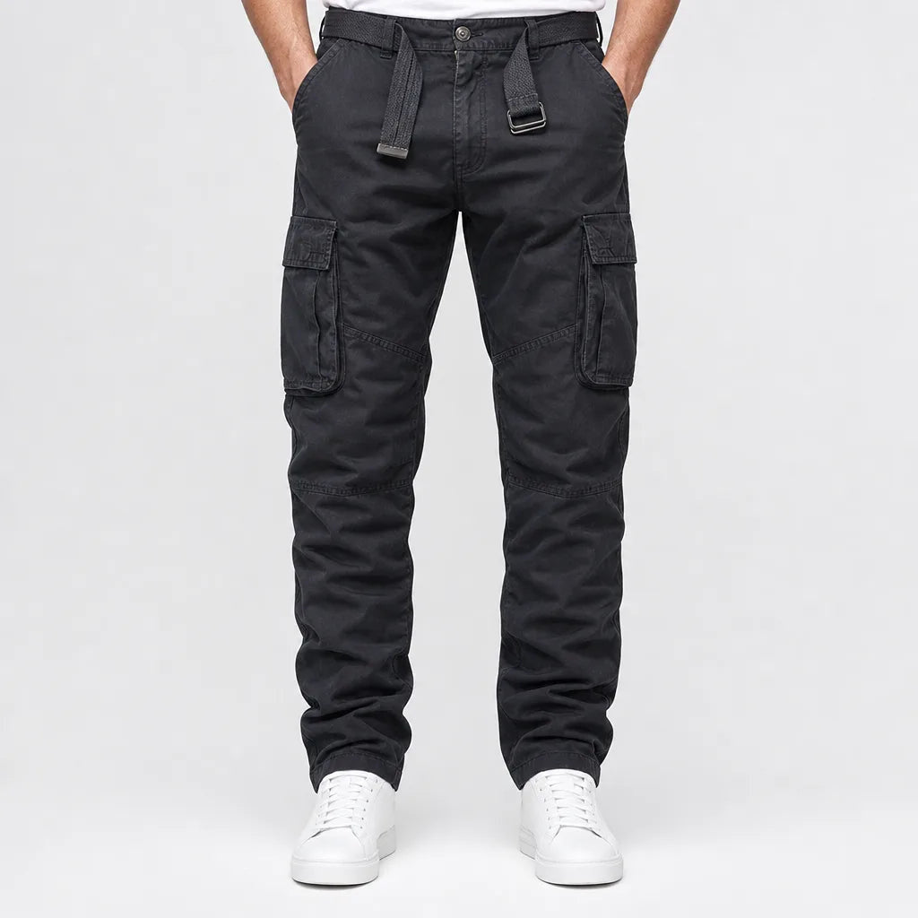 Men's Belted Cargo Pants with Flap Leg Pockets - Black