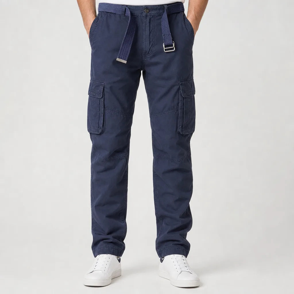 Men's Belted Cargo Pants with Flap Leg Pockets - Blue