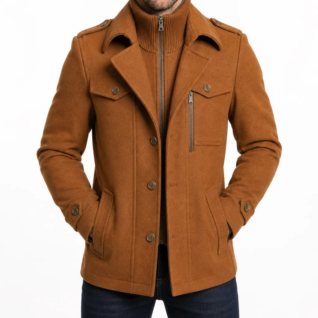 Men's Button Front Coat with Double Collar Detail - Beige