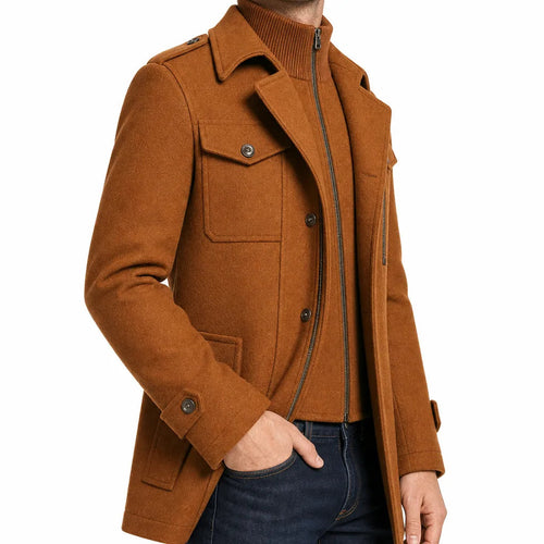 Men's Button Front Coat with Double Collar Detail - Beige