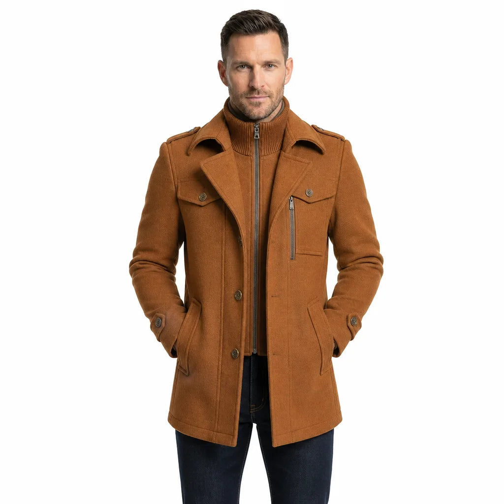 Men's Button Front Coat with Double Collar Detail - Beige