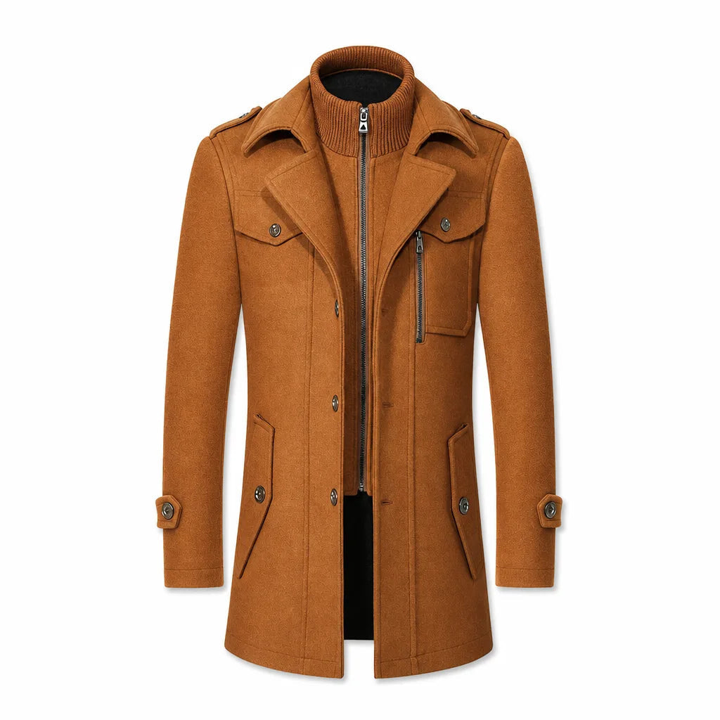 Men's Button Front Coat with Double Collar Detail - Beige