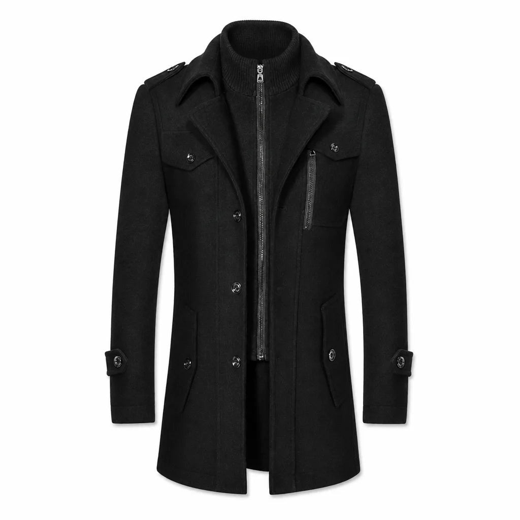 Men's Button Front Coat with Double Collar Detail - Black