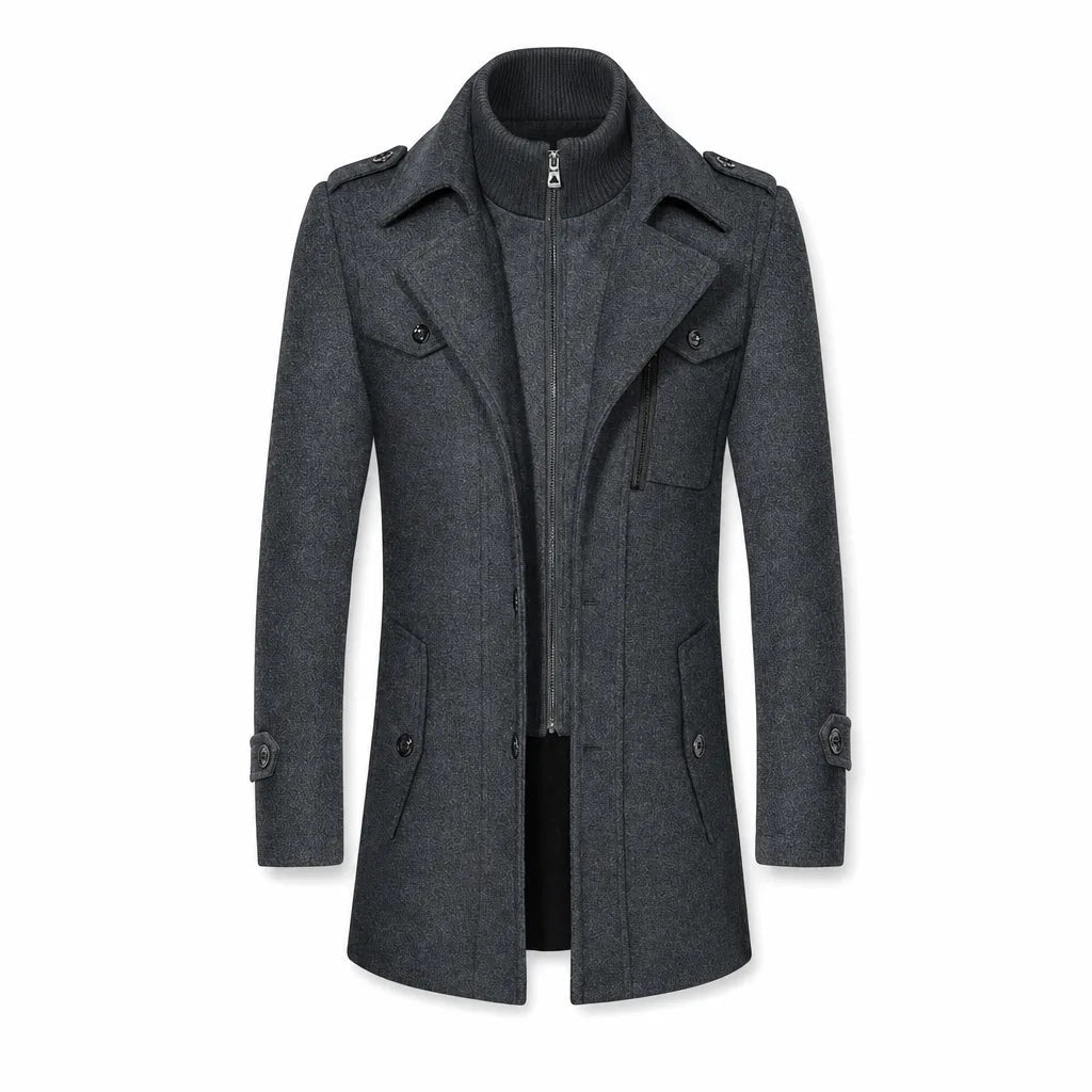 Men's Button Front Coat with Double Collar Detail - Gray