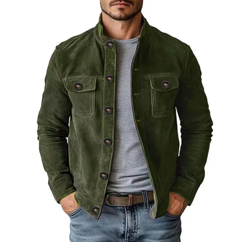 Men's Button Front Jacket with Flap Chest Pockets - Green