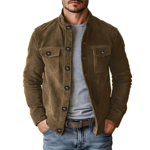Men's Button Front Jacket with Flap Chest Pockets - Brown