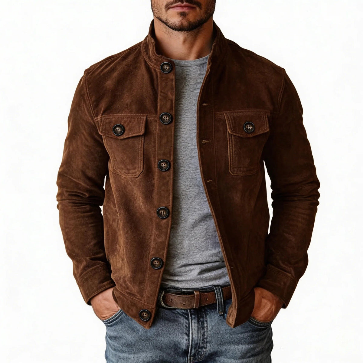 Men's Button Front Jacket with Flap Chest Pockets - Dark Brown