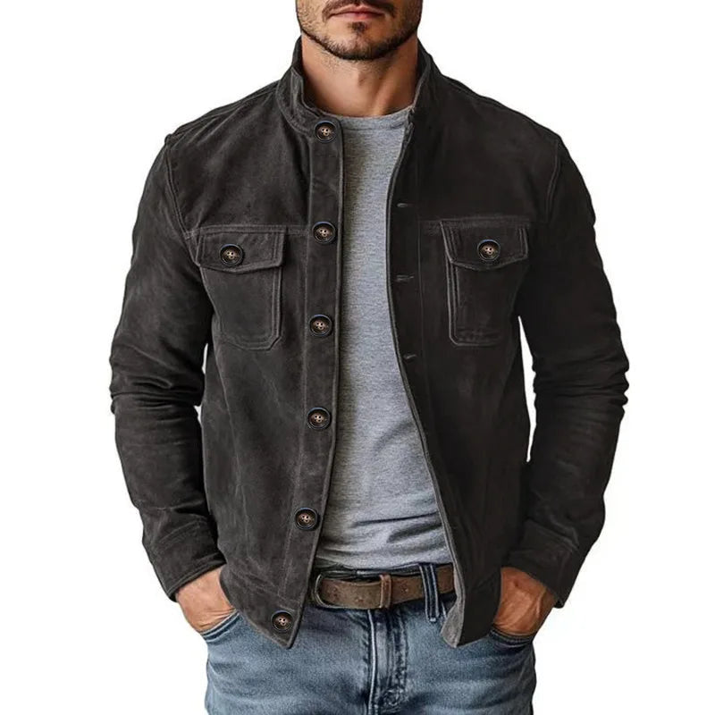 Men's Button Front Jacket with Flap Chest Pockets - Black