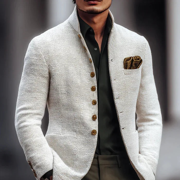 Men's Button Front Stand Collar Textured Jacket - White