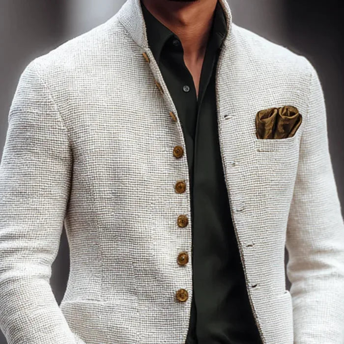 Men's Button Front Stand Collar Textured Jacket - White