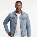 Men's Button Jacket with Faded Panels and Flap Pockets - Light Blue