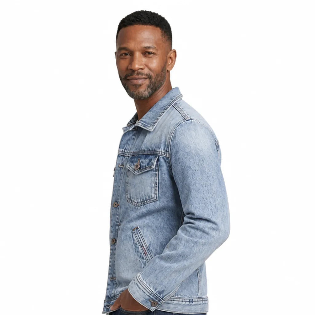 Men's Button Jacket with Faded Panels and Flap Pockets - Light Blue