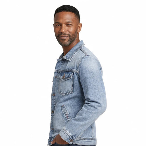 Men's Button Jacket with Faded Panels and Flap Pockets - Light Blue