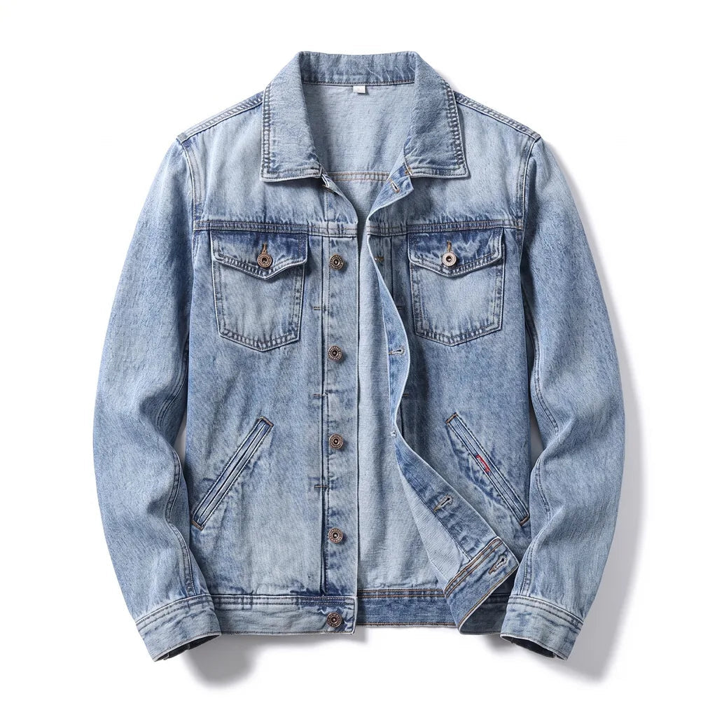Men's Button Jacket with Faded Panels and Flap Pockets - Light Blue
