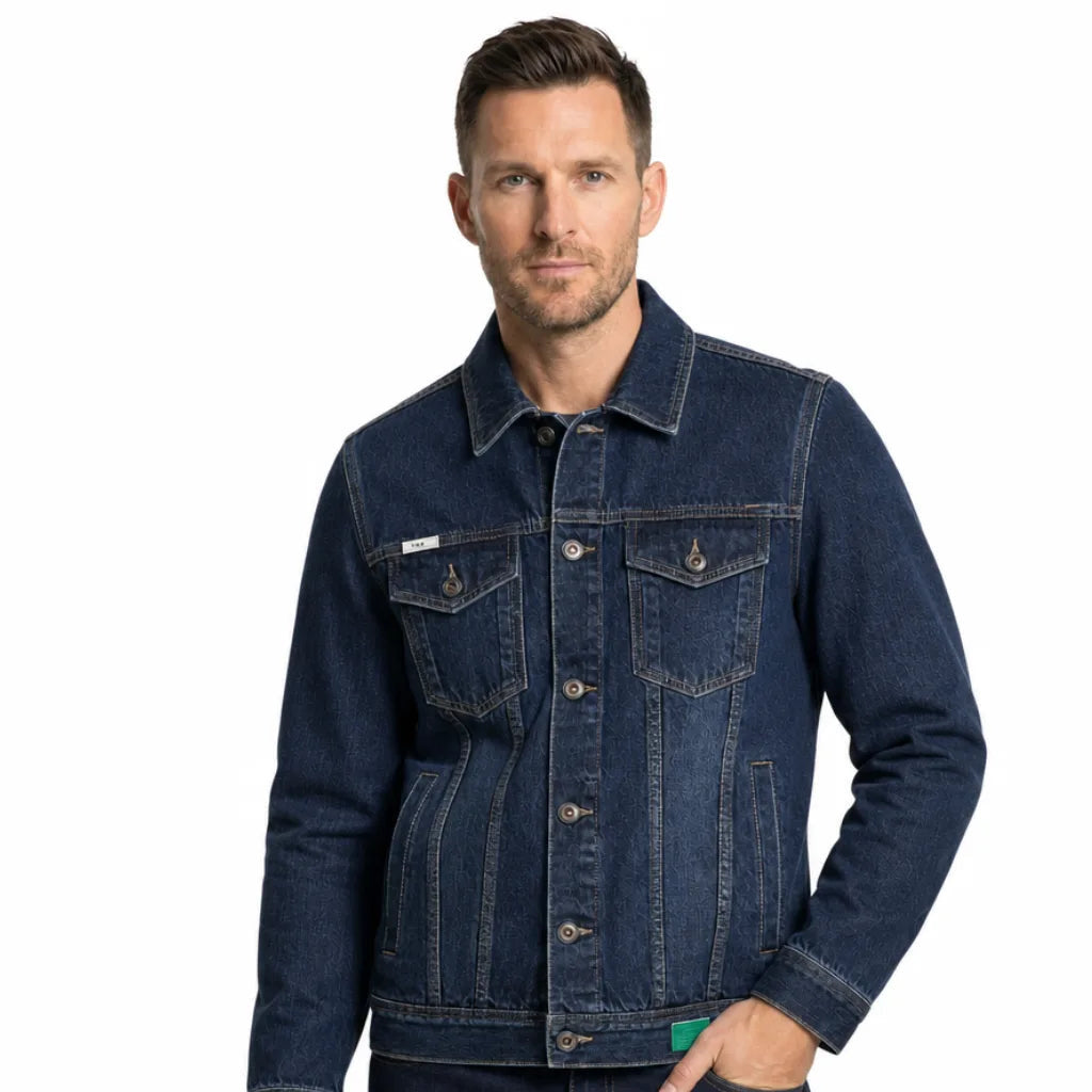 Men's Button Jacket with Twin Flap Pockets and Hem Band - Dark Blue
