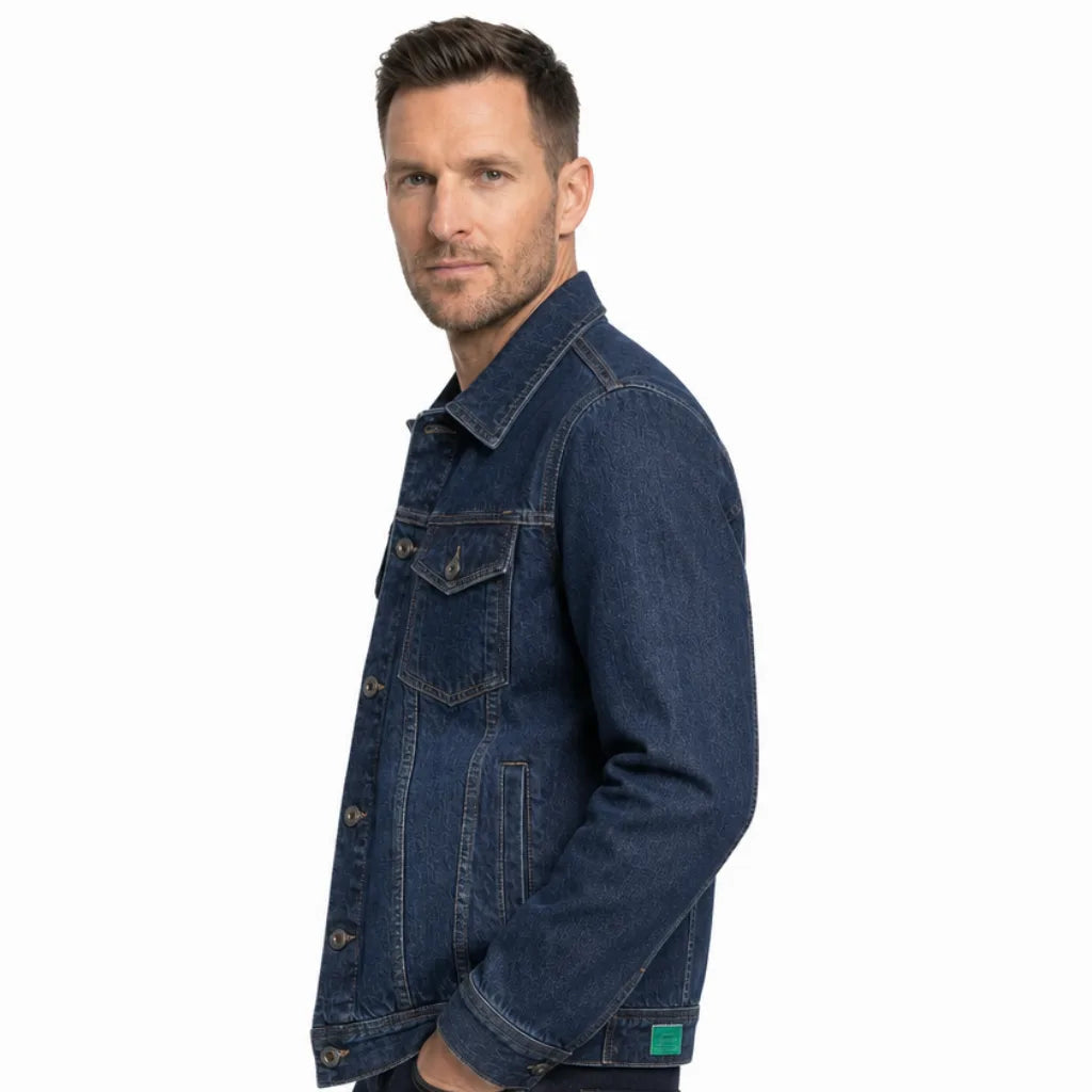 Men's Button Jacket with Twin Flap Pockets and Hem Band - Dark Blue