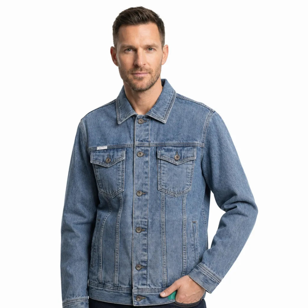 Men's Button Jacket with Twin Flap Pockets and Hem Band - Light Blue
