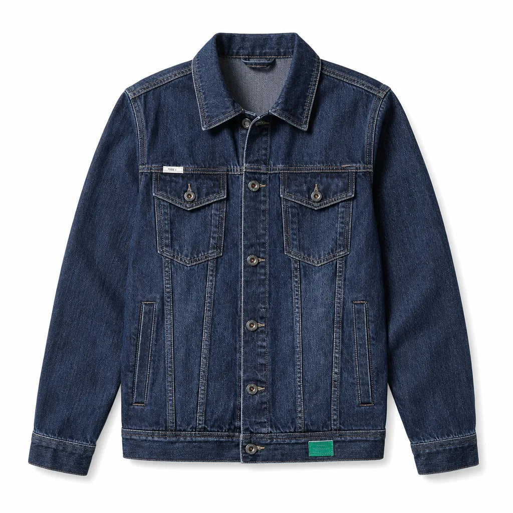 Men's Button Jacket with Twin Flap Pockets and Hem Band - Dark Blue