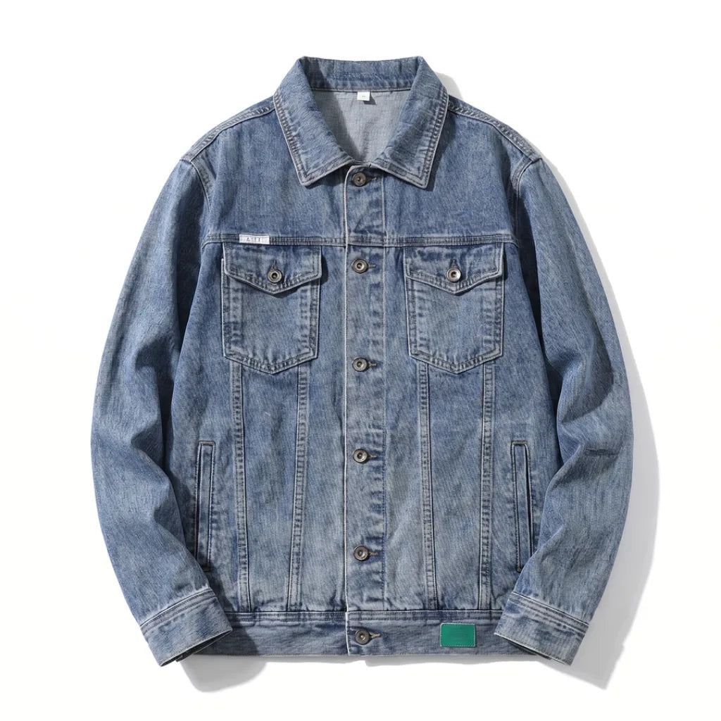 Men's Button Jacket with Twin Flap Pockets and Hem Band - Light Blue