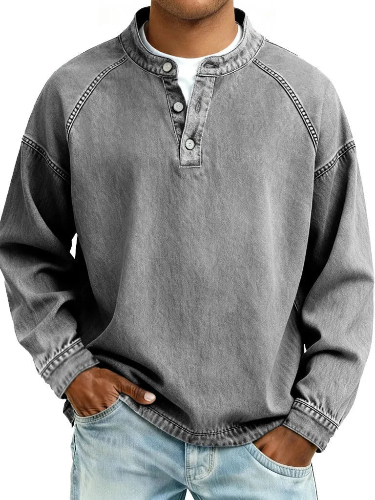 Men's Button Neck Sweater with Raglan Sleeve Seams - Gray