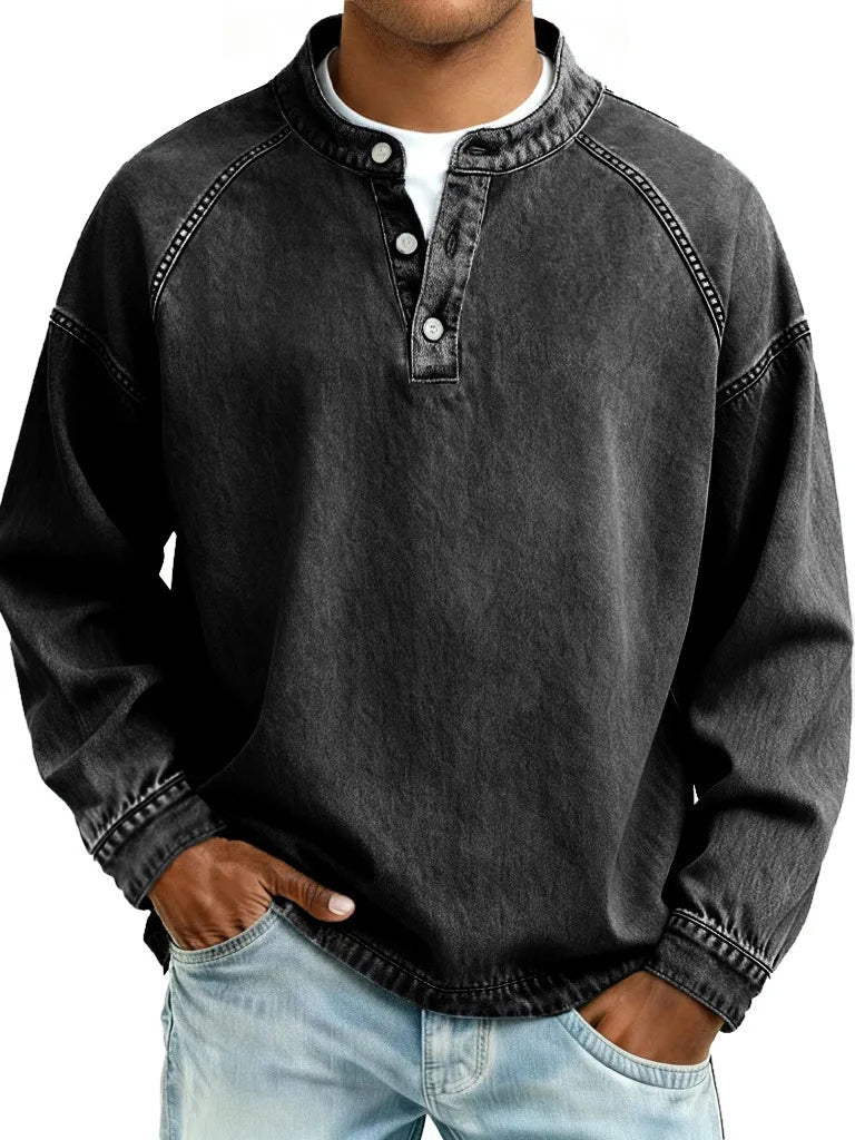 Men's Button Neck Sweater with Raglan Sleeve Seams - Black
