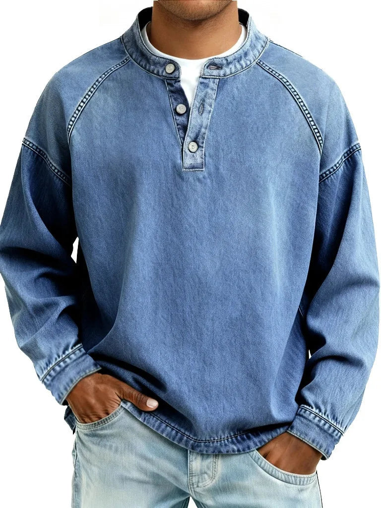 Men's Button Neck Sweater with Raglan Sleeve Seams - Light Blue