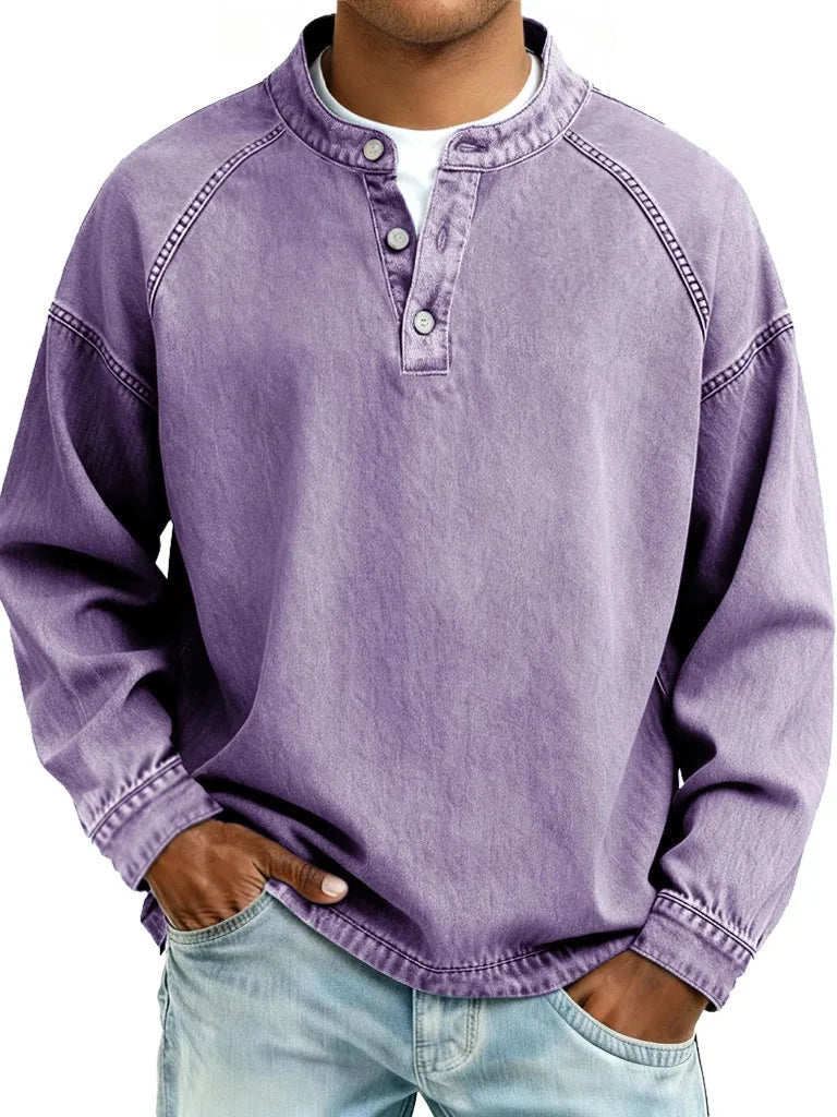 Men's Button Neck Sweater with Raglan Sleeve Seams - Purple
