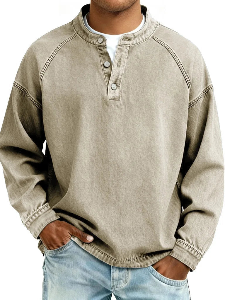 Men's Button Neck Sweater with Raglan Sleeve Seams - Khaki