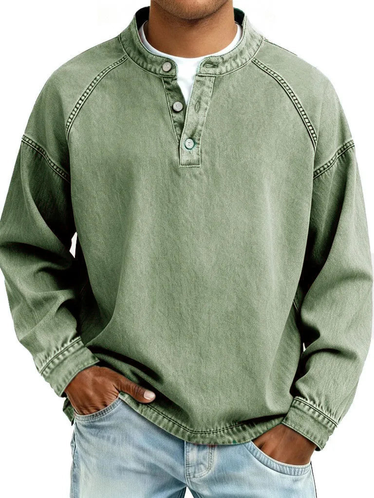 Men's Button Neck Sweater with Raglan Sleeve Seams - Dark Green