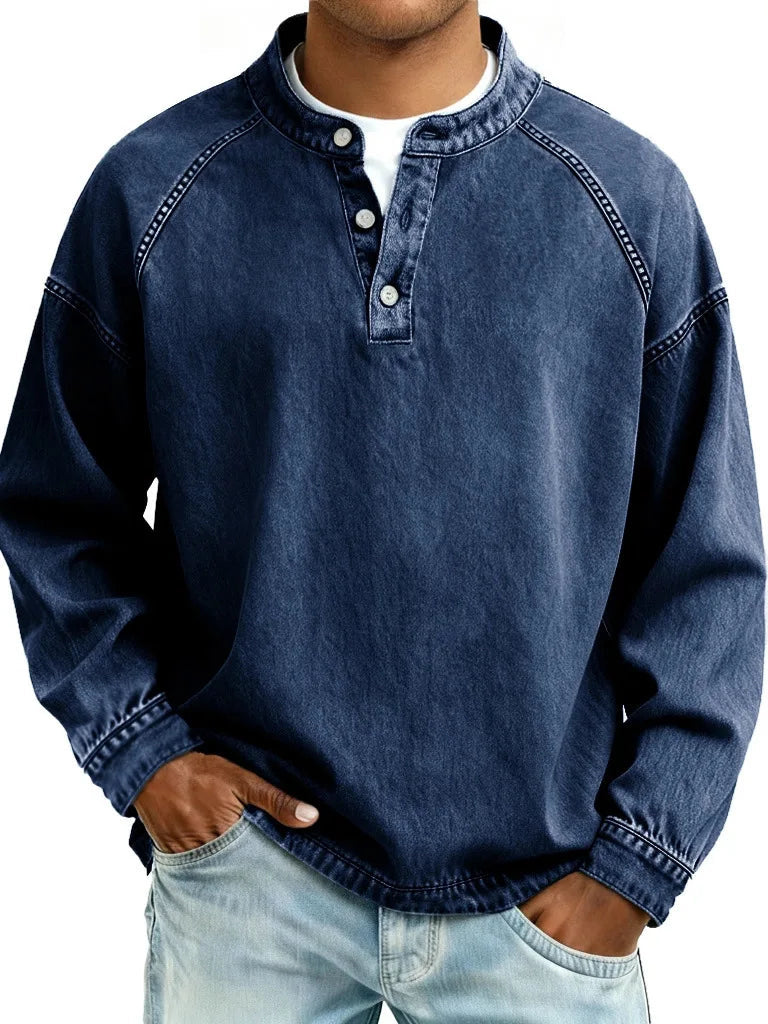 Men's Button Neck Sweater with Raglan Sleeve Seams - Dark Blue