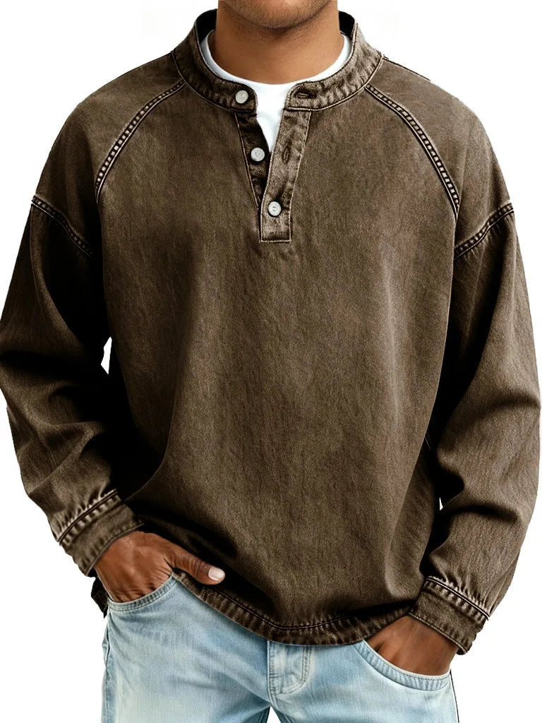 Men's Button Neck Sweater with Raglan Sleeve Seams - Brown