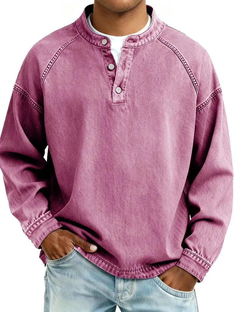 Men's Button Neck Sweater with Raglan Sleeve Seams - Pink