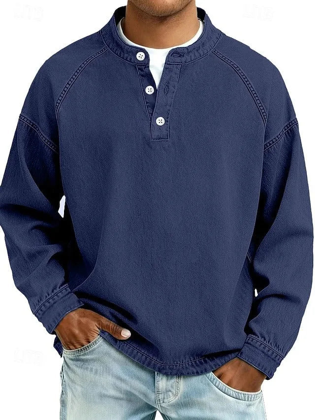 Men's Button Neck Sweater with Raglan Sleeve Seams - Royal Blue