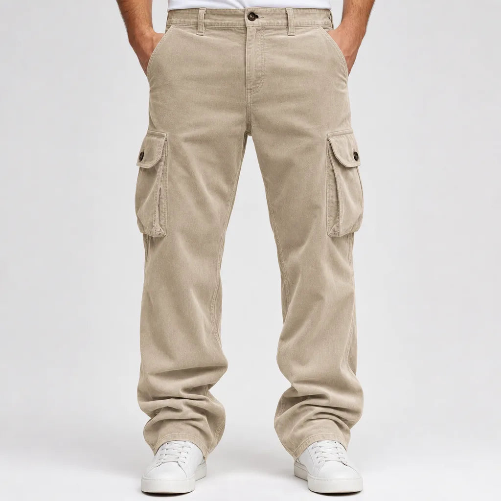 Men's Button Waist Cargo Pants with Angled Flap Pockets - Beige