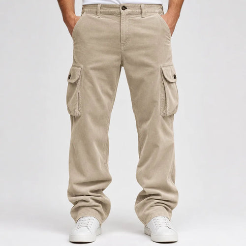 Men's Button Waist Cargo Pants with Angled Flap Pockets - Beige