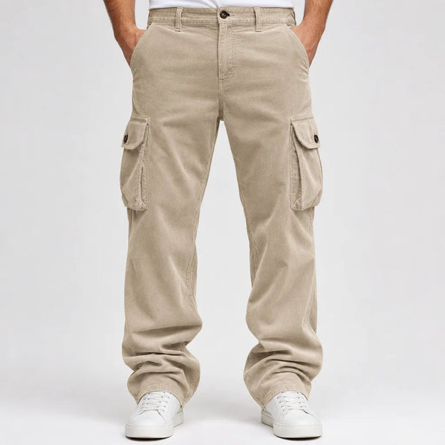 Men's Button Waist Cargo Pants with Angled Flap Pockets - Beige
