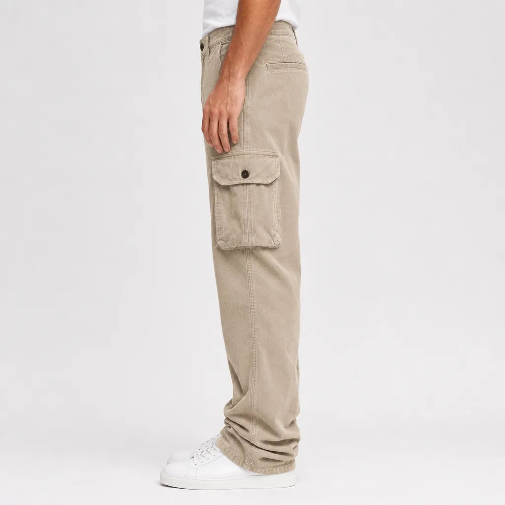 Men's Button Waist Cargo Pants with Angled Flap Pockets - Beige