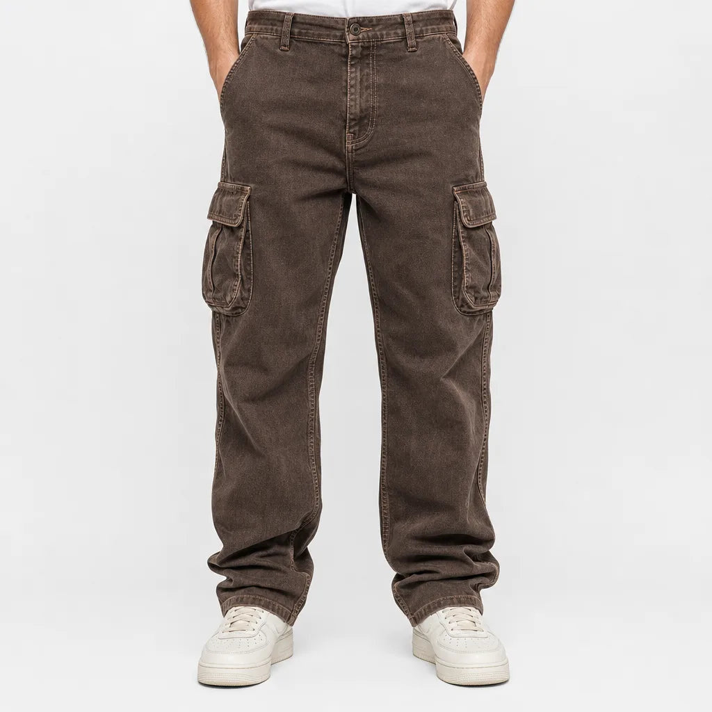 Men's Button Waist Cargo Pants with Angled Flap Pockets - Brown