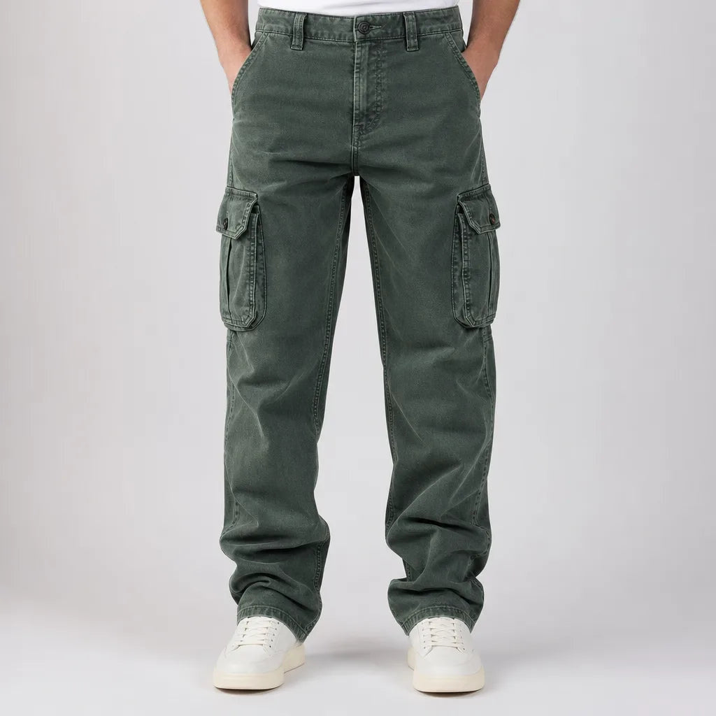Men's Button Waist Cargo Pants with Angled Flap Pockets - Green