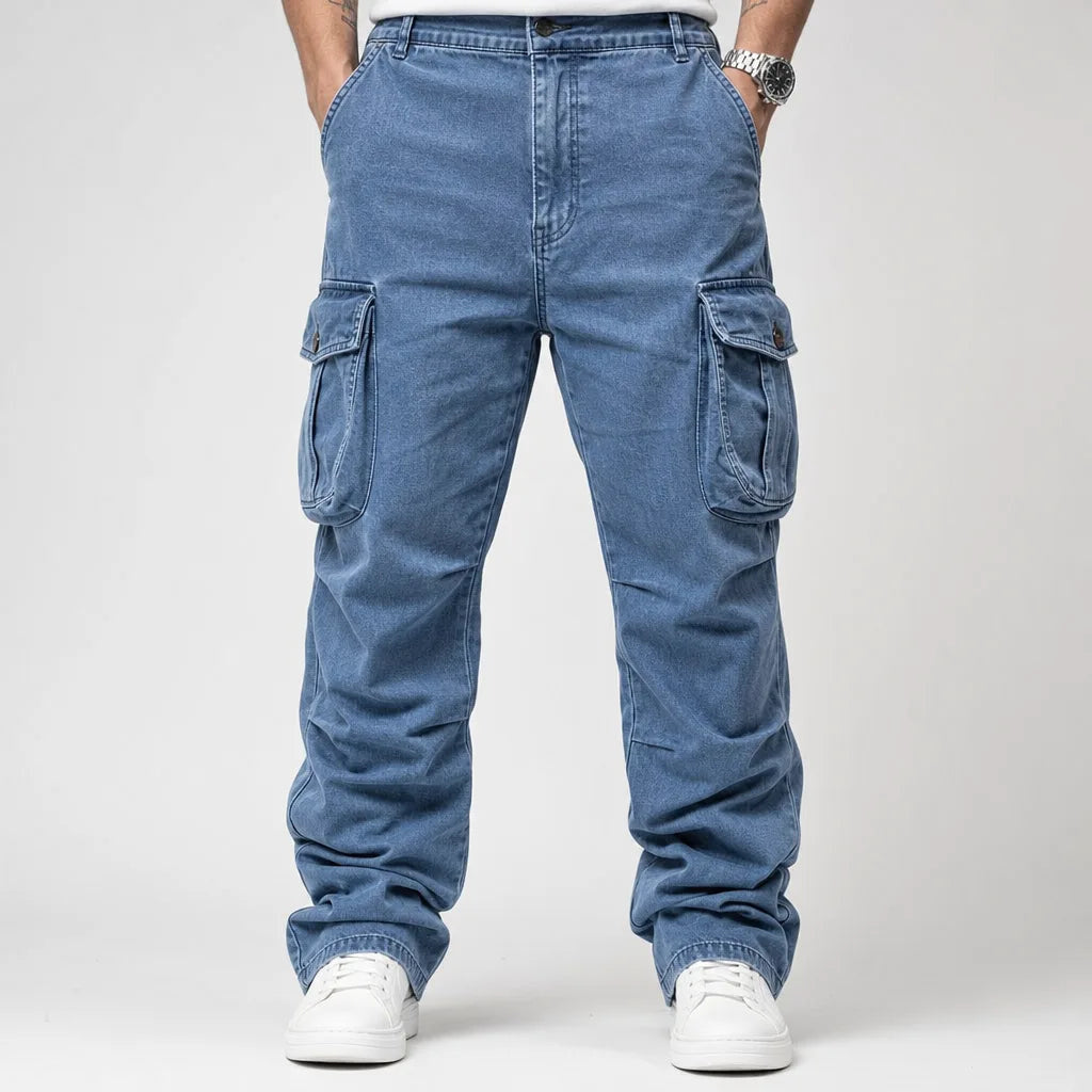 Men's Button Waist Cargo Pants with Angled Flap Pockets - Blue
