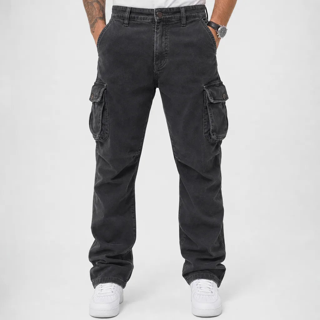 Men's Button Waist Cargo Pants with Angled Flap Pockets - Black