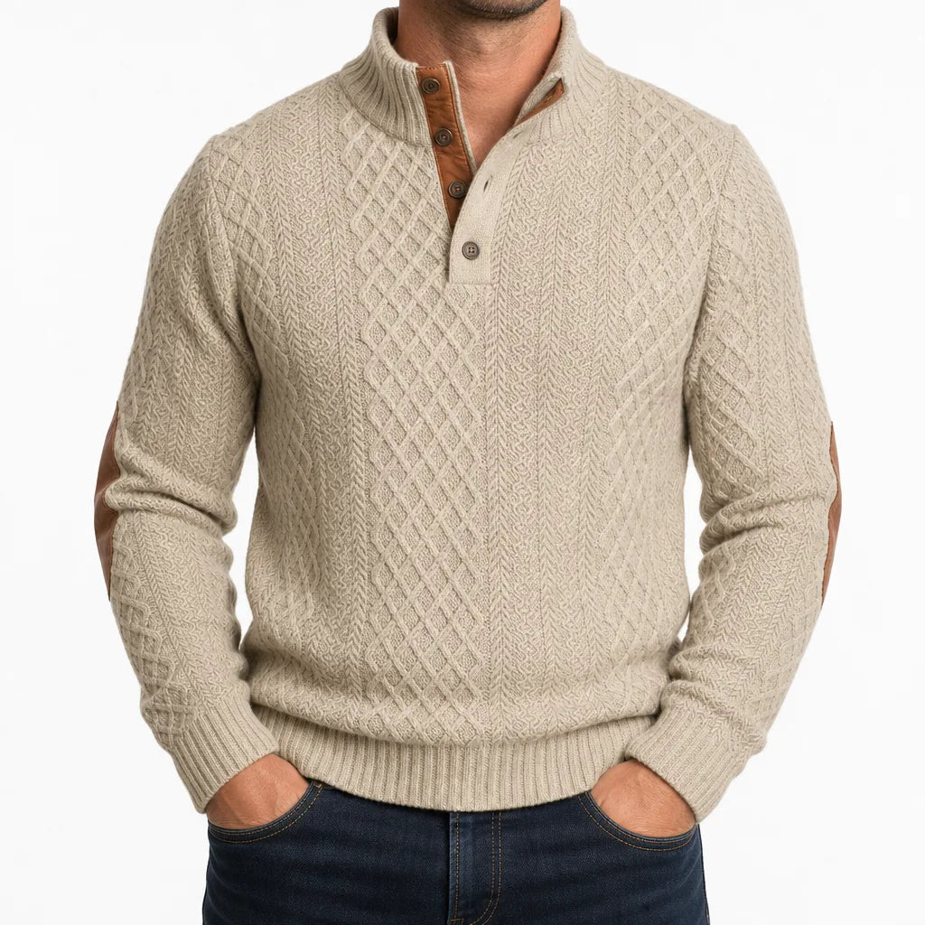 Men's Cable Pattern Button Neck Sweater with Elbow Patches - Beige