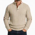Men's Cable Pattern Button Neck Sweater with Elbow Patches - Beige